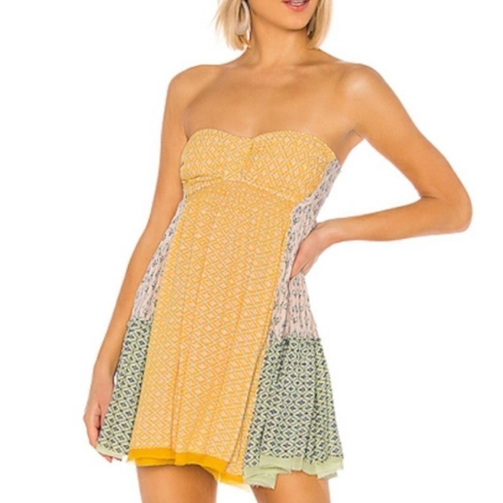 Free People Boho Strapless Tube Dress Mixed Print Yellow Floral Ruched Y2K M